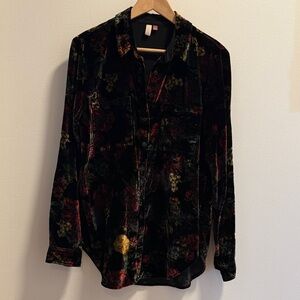 PILCRO Floral Velvet Button Down